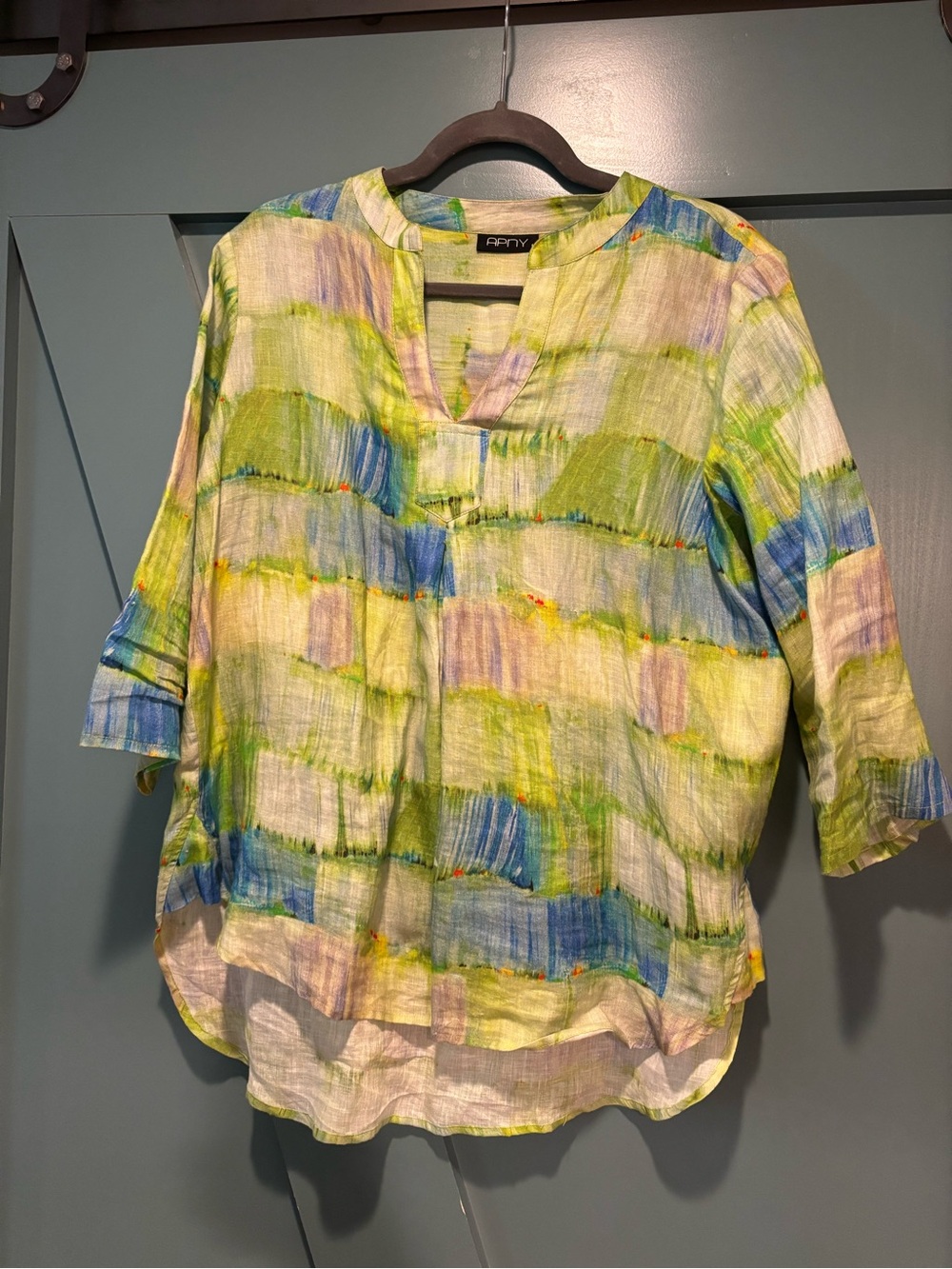Lightweight Green & Blue Linen Watercolor Tunic Top